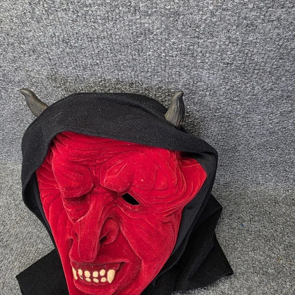 Vtg 90s Halloween Devil Mask Red Velvet Face Horned Hooded Demon Costume Scary